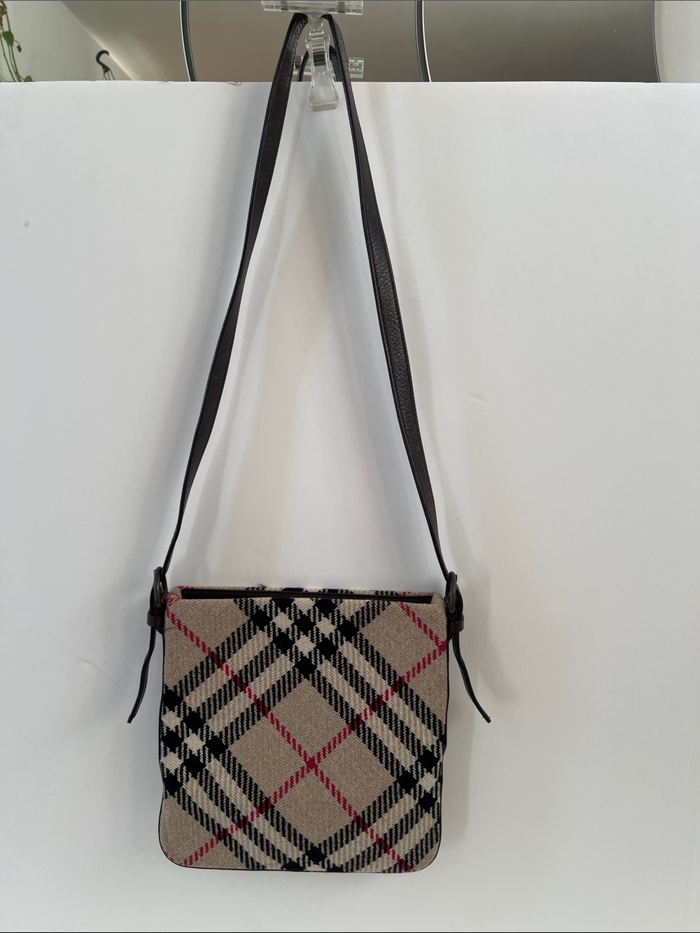Burberry Nova Check Tweed Crossbody with Black and Red Accents